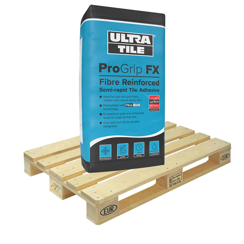 Ultra Tile Fix ProGrip FX Fibre Reinforced Semi-Rapid Flexible S1 Adhesive White 20kg Half Pallet (25 Bags Tail Lift)