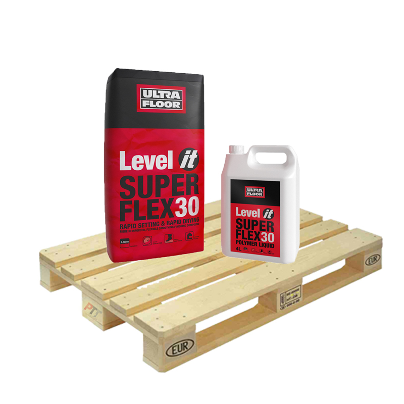 Ultra Floor Level It Super Flex 30 Rapid Setting Fibre Reinforced Flexible Two Part Self Levelling Compound 20kg Half Pallet (25 Bag & Bottle Tail Lift)