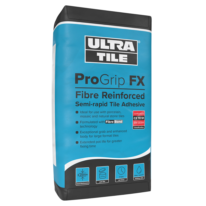 Ultra Tile ProGrip FX Fibre Reinforced Semi-Rapid Flexible S1 Adhesive Grey 20kg